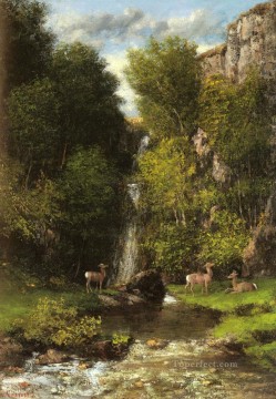ブルック川の流れ Painting - 滝のある風景の中の鹿の家族 ギュスターヴ・クールベ川